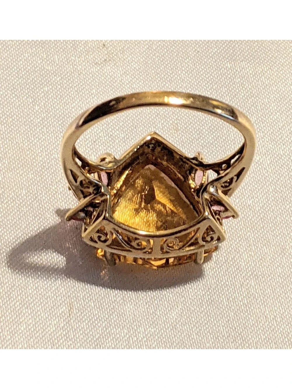 VTG Trillion Cut Citrine And Pink Tourmaline Fancy 10K Gold Cocktail Ring Size 8